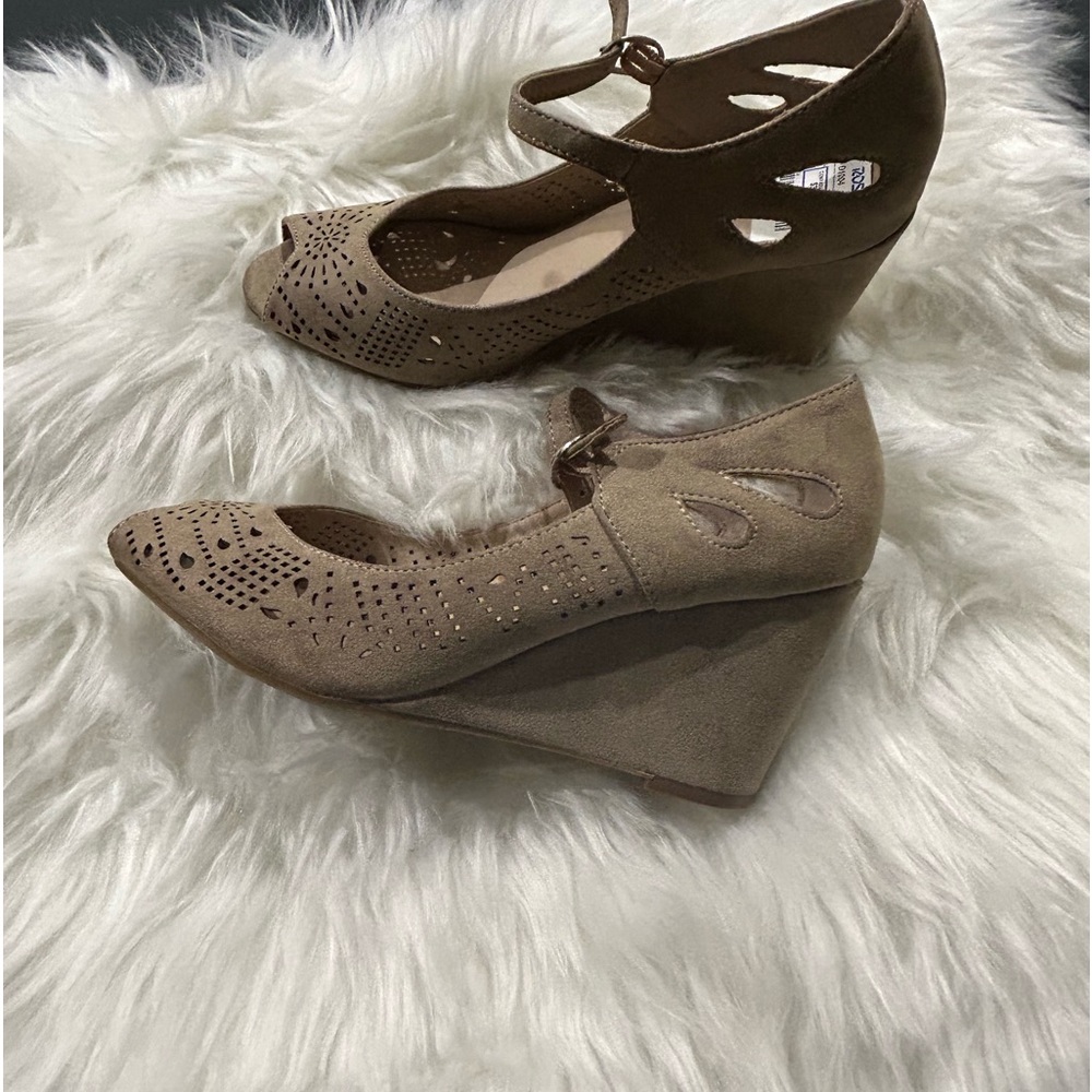 Tan Peep Toe Wedge Heels.  Gently Worn